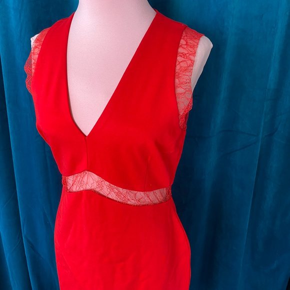 Just Me V Neck Bodycon Midi Dress Red - Picture 2 of 8